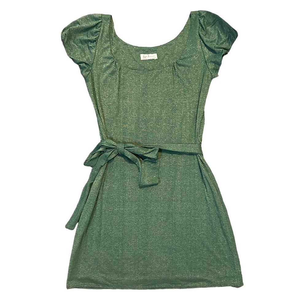 ANJALI KUMAR Green Shimmer Puff Sleeve Tie Waist Dress M